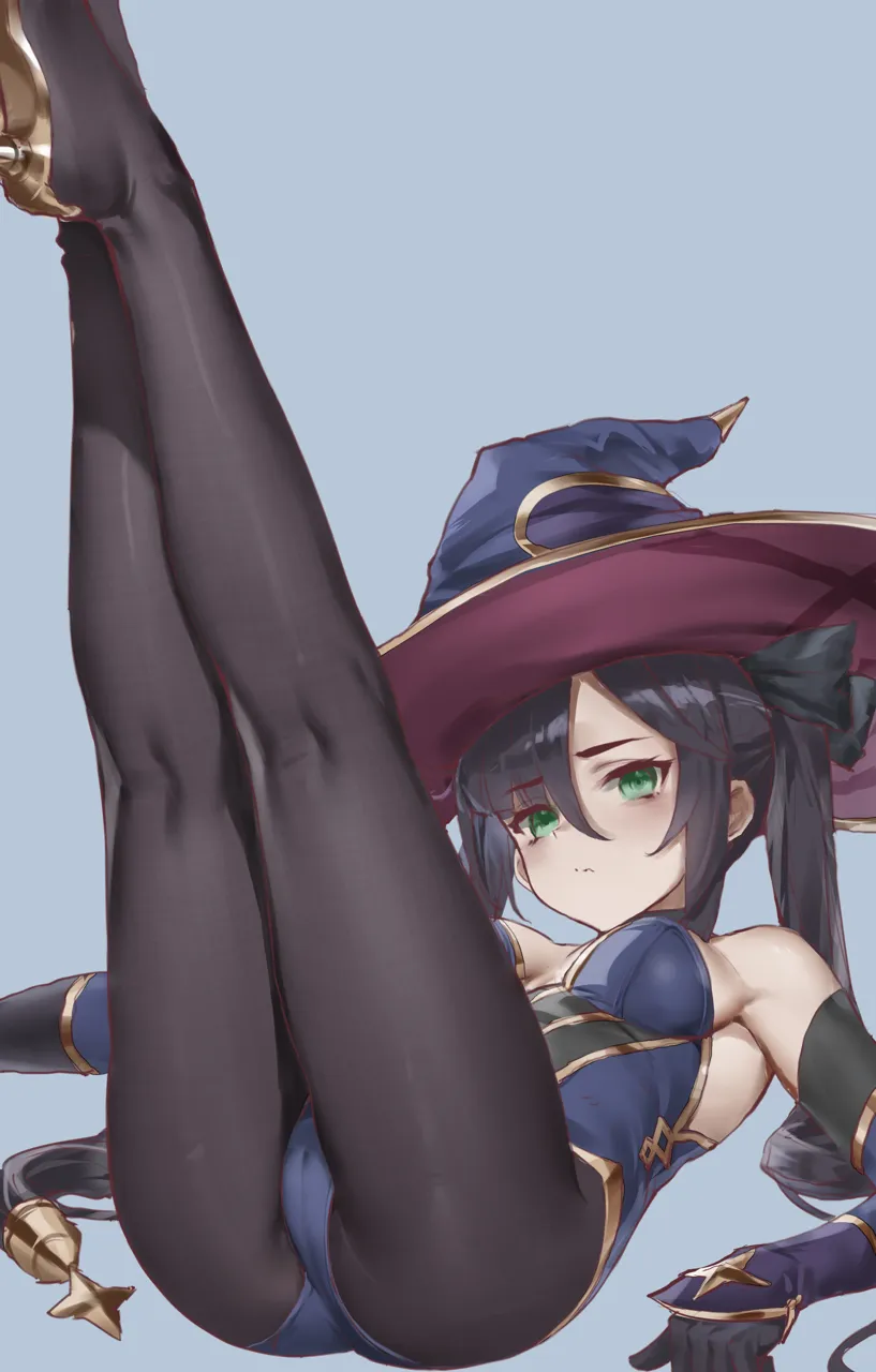 1girl ass black_gloves black_hair black_pantyhose blue_leotard breasts choker closed_mouth elbow_gloves gloves gold_footwear gold_trim green_eyes grey_background hat high_heels legs_up leotard long_hair lying on_back pantyhose simple_background small_breasts solo thighs twintails witch_hat lin_jingling genshin_impact mona__genshin_impact