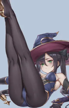 1girl ass black_gloves black_hair black_pantyhose blue_leotard breasts choker closed_mouth elbow_gloves gloves gold_footwear gold_trim green_eyes grey_background hat high_heels legs_up leotard long_hair lying on_back pantyhose simple_background small_breasts solo thighs twintails witch_hat lin_jingling genshin_impact mona__genshin_impact