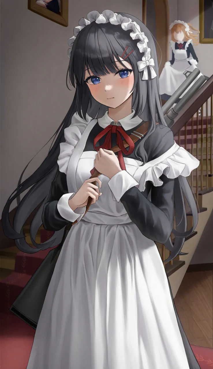 2girls apron black_dress black_hair blue_eyes blunt_bangs blush dress expressionless gun gun_on_back hair_ornament hairclip holding_strap indoors long_hair long_sleeves looking_at_viewer maid maid_apron maid_headdress multiple_girls red_ribbon ribbon shotgun stairs standing strap_slip very_long_hair weapon weapon_on_back hini_ni