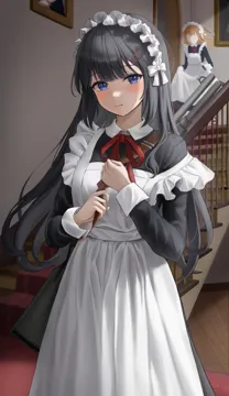 2girls apron black_dress black_hair blue_eyes blunt_bangs blush dress expressionless gun gun_on_back hair_ornament hairclip holding_strap indoors long_hair long_sleeves looking_at_viewer maid maid_apron maid_headdress multiple_girls red_ribbon ribbon shotgun stairs standing strap_slip very_long_hair weapon weapon_on_back hini_ni