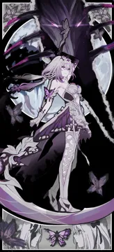 2girls art_nouveau asymmetrical_gloves bare_shoulders black_tiara bright_pupils bug butterfly closed_mouth dragon dress elbow_gloves flower full_body garter_straps gloves grey_hair high_heels holding holding_scythe legwear_cutout looking_at_another looking_at_viewer multiple_girls multiple_views pointy_ears purple_butterfly purple_eyes purple_flower purple_gloves purple_hair scythe siblings sisters standing thighhighs tiara uneven_gloves white_dress white_pupils white_thighhighs sanshoku_dango__shukosuko honkai__star_rail honkai__series castorice__honkai__star_rail netherwing__honkai__star_rail polyxia__honkai__star_rail