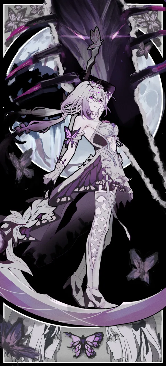 2girls art_nouveau asymmetrical_gloves bare_shoulders black_tiara bright_pupils bug butterfly closed_mouth dragon dress elbow_gloves flower full_body garter_straps gloves grey_hair high_heels holding holding_scythe legwear_cutout looking_at_another looking_at_viewer multiple_girls multiple_views pointy_ears purple_butterfly purple_eyes purple_flower purple_gloves purple_hair scythe siblings sisters standing thighhighs tiara uneven_gloves white_dress white_pupils white_thighhighs sanshoku_dango__shukosuko honkai__star_rail honkai__series castorice__honkai__star_rail netherwing__honkai__star_rail polyxia__honkai__star_rail