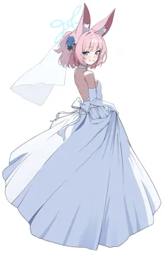 1girl animal_ear_fluff animal_ears breasts bridal_veil dress elbow_gloves fox_ears full_body gloves halo looking_at_viewer looking_to_the_side pink_hair short_hair simple_background skirt_hold small_breasts solo strapless strapless_dress veil wedding_dress white_background white_dress white_gloves 0haribo0 blue_archive niko__blue_archive
