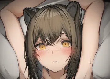 1girl animal_ears arms_up blush brown_hair freckles grey_hair hair_between_eyes long_hair looking_at_viewer lying multicolored_hair on_back on_bed parted_lips portrait raccoon_ears raccoon_girl solo streaked_hair sweat yellow_eyes tab_head arknights robin__arknights