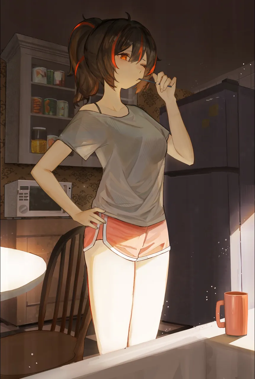 1girl alternate_costume black_hair bra_strap breasts brushing_teeth chair coffee_mug cup dolphin_shorts feet_out_of_frame grey_shirt hand_on_own_hip hand_up holding holding_toothbrush indoors kitchen light_particles long_hair medium_breasts microwave mug multicolored_hair one_eye_closed ponytail red_eyes red_hair red_shorts refrigerator shirt shorts single_off_shoulder sink slice_of_life solo streaked_hair t_shirt table toothbrush toothbrush_in_mouth nerita__neritarine zenless_zone_zero zhu_yuan__zenless_zone_zero