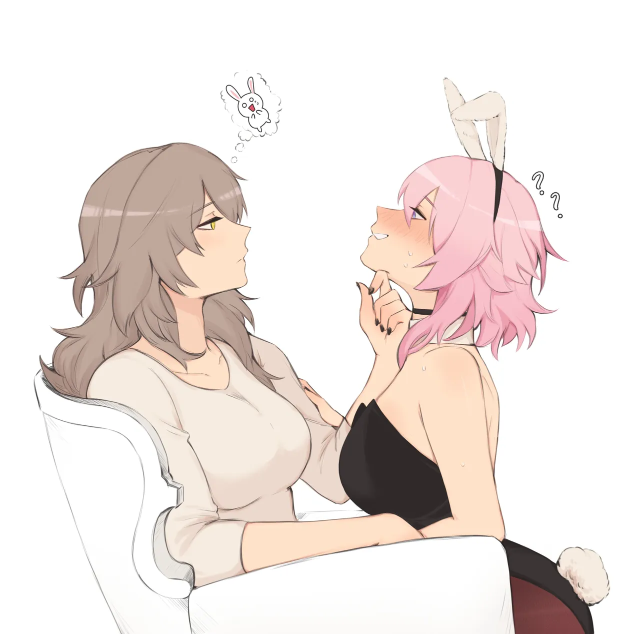 2girls animal_ears bare_shoulders black_choker black_leotard black_nails blush breasts choker closed_mouth detached_collar eye_contact fake_animal_ears fake_tail grey_hair hand_on_another_s_chin honkai__series honkai__star_rail large_breasts leotard long_hair looking_at_another march_7th__honkai__star_rail multiple_girls pink_hair playboy_bunny rabbit_ears rabbit_tail shirt simple_background sitting soulnark stelle__honkai__star_rail tail trailblazer__honkai__star_rail white_background white_shirt yellow_eyes yuri