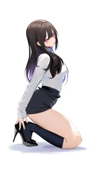 1girl black_footwear black_skirt breasts brown_hair full_body high_heels kneehighs kneeling large_breasts long_hair long_sleeves looking_at_viewer medium_breasts miniskirt nail_polish pencil_skirt pink_eyes shadow shirt simple_background skirt socks solo spider_apple thighs white_background white_shirt
