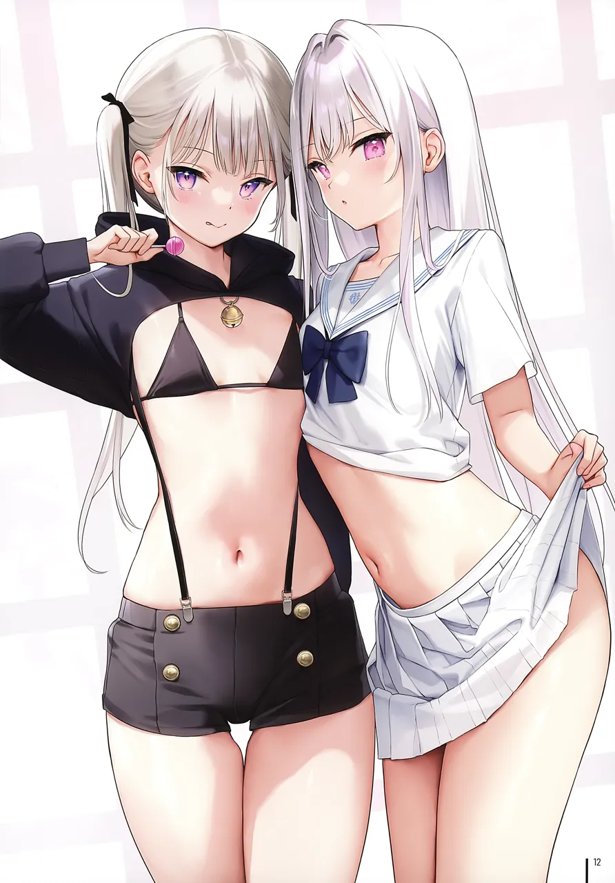 2girls ame__mignon bell blush bow breasts buttons candy collarbone food grey_hair holding jingle_bell lollipop long_hair long_sleeves looking_at_viewer midriff multiple_girls navel page_number parted_lips pleated_skirt purple_eyes school_uniform shiny_skin shirt short_sleeves shorts sidelocks simple_background skirt skirt_hold small_breasts stomach suspenders thighs tied_hair tongue tongue_out twintails white_hair white_shirt white_skirt mignon shiro__mignon