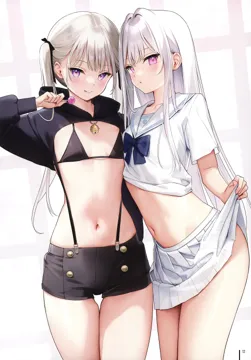 2girls ame__mignon bell blush bow breasts buttons candy collarbone food grey_hair holding jingle_bell lollipop long_hair long_sleeves looking_at_viewer midriff multiple_girls navel page_number parted_lips pleated_skirt purple_eyes school_uniform shiny_skin shirt short_sleeves shorts sidelocks simple_background skirt skirt_hold small_breasts stomach suspenders thighs tied_hair tongue tongue_out twintails white_hair white_shirt white_skirt mignon shiro__mignon