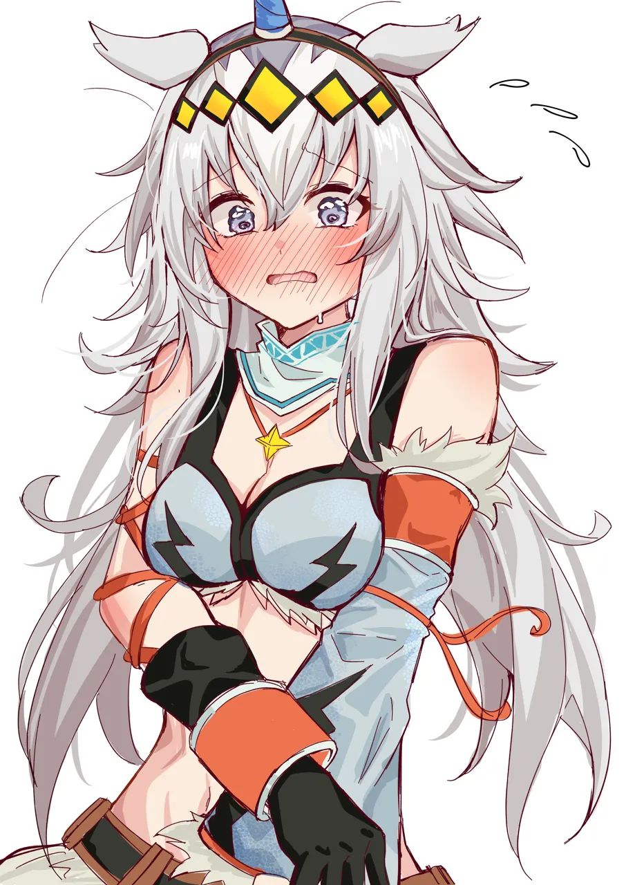 1girl alternate_costume animal_ears armor bikini_armor black_gloves blue_eyes blush breasts cleavage detached_sleeves gloves grey_hair horse_ears horse_girl kirin__armor long_hair looking_at_viewer medium_breasts simple_background single_detached_sleeve solo white_background amaxa monster_hunter__series umamusume oguri_cap__umamusume