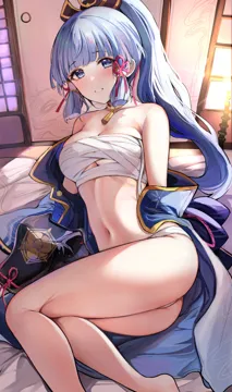 1girl armor bare_legs bare_shoulders blue_eyes blue_hair blue_jacket blush breastplate breasts chest_sarashi feet_out_of_frame genshin_impact hair_ornament hair_ribbon indoors jacket kamisato_ayaka kamisato_clan__emblem long_hair lying medium_breasts navel off_shoulder on_side open_clothes open_jacket panties parted_lips ponytail ribbon sak__lemondisk sarashi sidelocks solo stomach tassel underwear white_panties