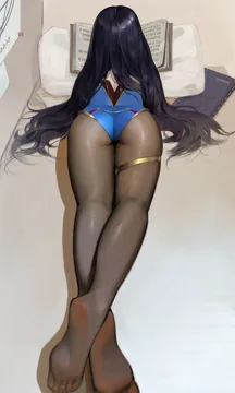 1girl alternate_hairstyle arched_back ass black_hair blue_leotard book feet fine_fabric_emphasis from_behind hair_spread_out highleg highleg_leotard indoors jewelry leotard long_hair lying on_stomach pantyhose pillow poster__object soles solo thighlet very_long_hair midfinger genshin_impact mona__genshin_impact