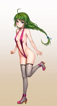 1girl ahoge alternate_costume bare_arms bare_shoulders blue_eyes blue_ribbon blunt_bangs blush braid breasts choker collarbone full_body gradient_background green_hair grey_thighhighs hair_ribbon high_heels jewelry long_hair long_legs looking_at_viewer mole mole_under_mouth navel pendant ribbon simple_background single_braid slingshot_swimsuit small_breasts smile solo standing standing_on_one_leg swimsuit thighhighs as109 kantai_collection yuugumo__kancolle