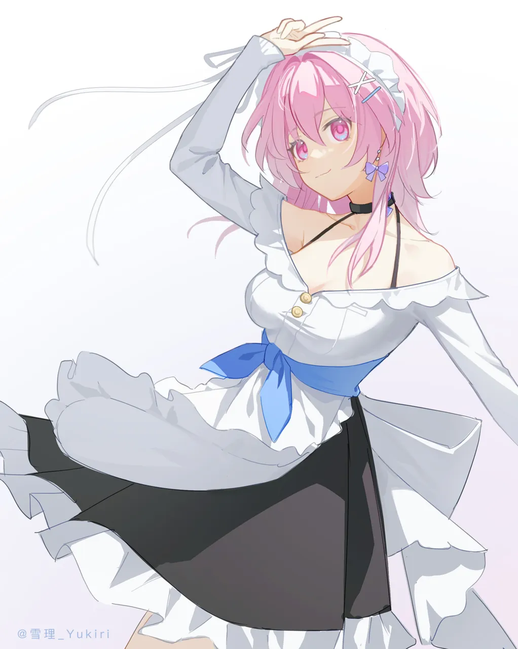 2girls alternate_costume black_gloves black_hairband black_jacket black_skirt blush bow breasts center_frills chibi dress food frills gloves gradient_background gradient_hair grey_hair hair_between_eyes hairband holding holding_food jacket large_breasts long_hair long_sleeves looking_at_viewer maid mini_person minigirl multicolored_eyes multicolored_hair multiple_girls open_mouth purple_eyes ribbon shirt simple_background skirt watermark white_background white_dress white_shirt yellow_eyes yukiri__l_ii honkai__star_rail honkai__series firefly__honkai__star_rail stelle__honkai__star_rail trailblazer__honkai__star_rail