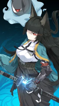 animal_ears black_hair closed_mouth fox_ears fox_girl gauntlets glowing glowing_eyes holding holding_weapon katana long_hair necktie red_eyes single_gauntlet skirt sword weapon yan__unicorn404 zenless_zone_zero hoshimi_miyabi tailless__zenless_zone_zero