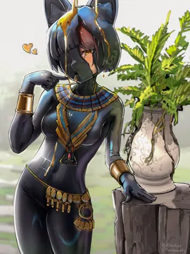 1girl ancient_egyptian animal_ears animegao black_bodysuit bodysuit bracelet breasts broken_mask brown_eyes brown_hair cosplay fake_animal_ears gold jewelry kigurumi latex latex_bodysuit looking_at_viewer mask medium_breasts plant potted_plant skin_tight solo standing tongue tongue_out usekh_collar alterkyon