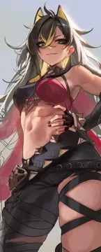 1girl abs arm_armor asymmetrical_clothes bare_shoulders black_gloves blue_eyes breasts colored_tips criss_cross_halter crossed_bangs daniel_deng dark_skin dark_skinned_female dehya__genshin_impact earrings fingerless_gloves floating_earring genshin_impact gloves hair_ears halterneck hand_on_own_hip jewelry large_breasts long_hair multicolored_hair navel pants red_nails single_pantsleg smirk solo stomach streaked_hair torn_clothes torn_pants