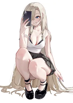 1girl alternate_costume asuna__blue_archive bare_shoulders black_bra black_footwear black_skirt blonde_hair blue_archive blue_eyes blue_nails bra breasts camera_flash camisole cellphone cleavage collarbone full_body grin hair_over_one_eye hand_up high_heels holding holding_phone large_breasts liwen520 long_hair mole mole_on_breast nail_polish phone platform_footwear platform_heels pleated_skirt simple_background skirt smartphone smile solo squatting strap_slip teeth underwear very_long_hair white_background white_camisole
