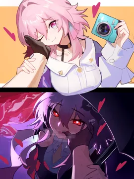 3girls black_dress black_gloves breasts camera dress dual_persona gloves hand_in_another_s_mouth hand_on_another_s_cheek hand_on_another_s_face heart holding holding_camera large_breasts long_hair medium_hair multiple_girls pink_hair pov pov_hands red_eyes shirt umbrella white_shirt yuri distr honkai__star_rail honkai__series evernight__honkai__star_rail march_7th__honkai__star_rail stelle__honkai__star_rail trailblazer__honkai__star_rail