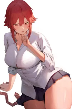 1girl aizawa_tomo arm_support black_skirt breasts collared_shirt dress_shirt hair_between_eyes large_breasts miniskirt necktie open_mouth pleated_skirt red_eyes red_hair red_necktie rororo school_uniform shirt short_hair sidelocks sitting skirt sleeves_rolled_up solo thick_thighs thighs tomo_chan_wa_onna_no_ko untucked_shirt unworn_necktie white_background white_shirt