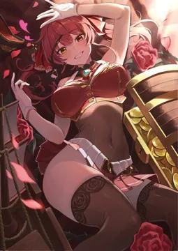 1girl ascot bare_shoulders blush breasts brooch brown_leotard brown_thighhighs coin covered_navel crop_top eyepatch flower gloves gold_coin gold_trim grin hair_ribbon heart heterochromia hololive houshou_marine houshou_marine__1st_costume jewelry large_breasts leotard leotard_under_clothes long_hair looking_at_viewer lying miniskirt netural no_headwear on_back petals pleated_skirt red_ascot red_eyes red_flower red_hair red_ribbon red_rose red_skirt ribbon rose rose_petals skirt sleeveless smile solo thighhighs thighs thorns treasure_chest twintails unworn_eyepatch virtual_youtuber white_gloves yellow_eyes