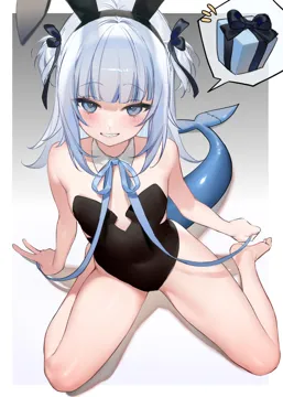 1girl animal_ears blue_hair blue_ribbon blunt_bangs blush detached_collar fake_animal_ears fins fish_tail gift grin hair_ribbon leotard medium_hair neck_ribbon parted_lips playboy_bunny pov pov_hands rabbit_ears ribbon shark_girl shark_tail sharp_teeth sitting smile solo spoken_object spread_legs strapless strapless_leotard tail teeth two_side_up virtual_youtuber wariza smilesmile1312 hololive gawr_gura__hololive