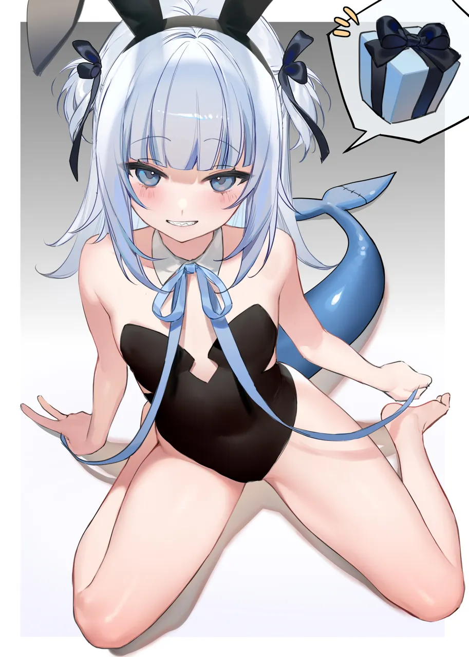 1girl animal_ears blue_hair blue_ribbon blunt_bangs blush detached_collar fake_animal_ears fins fish_tail gift grin hair_ribbon leotard medium_hair neck_ribbon parted_lips playboy_bunny pov pov_hands rabbit_ears ribbon shark_girl shark_tail sharp_teeth sitting smile solo spoken_object spread_legs strapless strapless_leotard tail teeth two_side_up virtual_youtuber wariza smilesmile1312 hololive gawr_gura__hololive