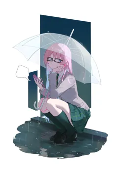 1girl black_socks green_necktie green_skirt grey_jacket haneoka_school_uniform head_rest holding holding_phone jacket kneehighs loafers long_sleeves looking_at_viewer miniskirt necktie phone pink_hair plaid_clothes plaid_skirt pleated_skirt purple_eyes rain school_uniform shirt shoes simple_background skirt socks solo squatting thighs transparent transparent_umbrella umbrella white_background white_shirt sukaliya bang_dream chihaya_anon