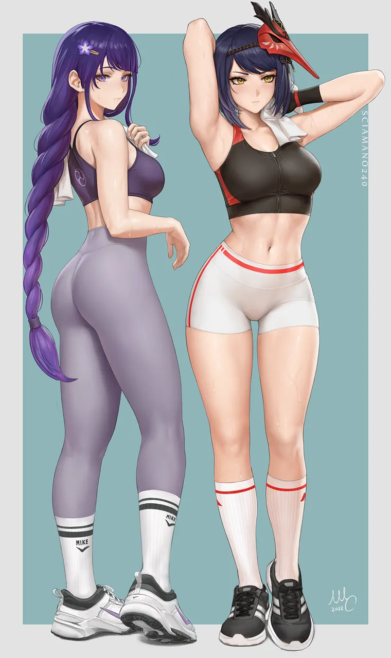 2022 2girls alternate_costume arm_behind_head armpits arms_up artist_logo artist_name ass bike_shorts bird_mask black_gloves black_hair black_sports_bra border braid brand_name_imitation breasts closed_mouth crop_top expressionless flower from_side full_body genshin_impact gloves hair_flower hair_ornament high_waist_pants kujou_sara large_breasts leggings legs logo long_hair low_braided_long_hair low_tied_long_hair mask mask_on_head medium_breasts midriff mole mole_under_eye multiple_girls navel nike__company pants purple_flower purple_hair purple_pants purple_sports_bra raiden_shogun red_mask sciamano240 shirt shoes short_hair shorts signature simple_background sneakers socks socks_over_pants sports_bra sportswear standing stomach sweat swept_bangs thighs tight_clothes tight_pants tight_shirt towel_on_one_shoulder white_border white_shorts yellow_eyes yoga_pants