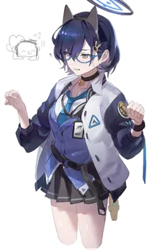 1girl animal_ears bell blue_cardigan blue_hair blue_necktie cardigan cropped_legs fake_animal_ears glasses green_eyes halo jacket neck_bell necktie pleated_skirt shirt simple_background skirt watch white_shirt wristwatch flatshi blue_archive chihiro__blue_archive doodle_sensei__blue_archive sensei__blue_archive