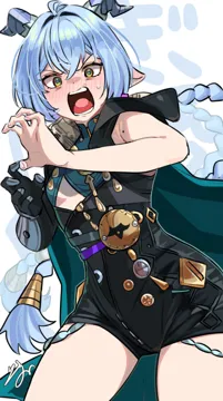 1girl bare_shoulders blue_hair blush braid breasts cowboy_shot fingernails hair_between_eyes horns long_hair low_twin_braids mole mole_on_arm open_mouth pointy_ears signature small_breasts solo twin_braids yellow_eyes isuka zenless_zone_zero lucia__zenless_zone_zero