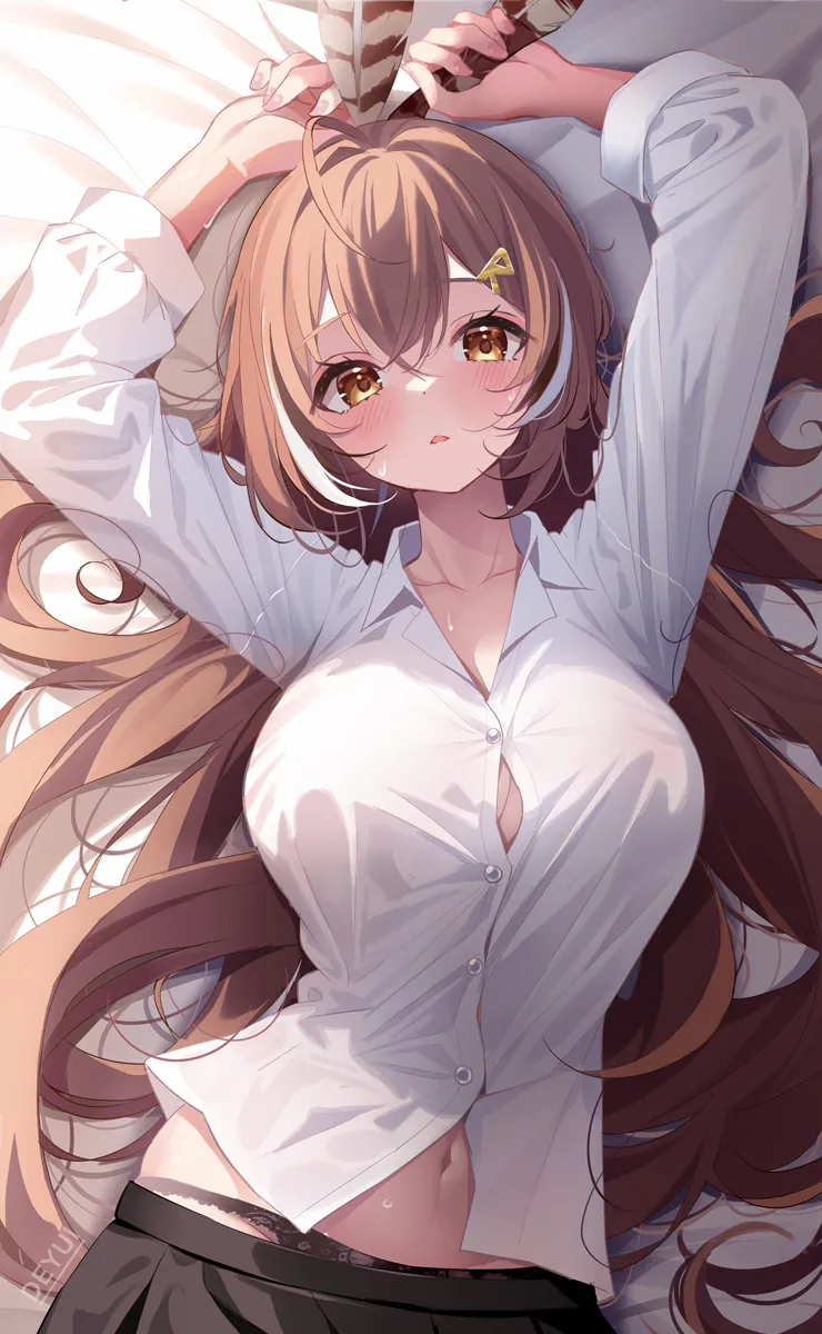 1girl black_panties blush breasts brown_eyes brown_hair button_gap collared_shirt deyui feather_hair_ornament feathers hair_between_eyes hair_down hair_ornament hairclip hololive hololive_english large_breasts long_hair looking_at_viewer lying midriff nanashi_mumei on_back panties shirt skirt solo sweat underwear virtual_youtuber white_shirt