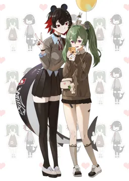 2girls alternate_costume animal_ear_hairband animal_ears balloon black_choker black_hair black_skirt black_thighhighs brown_socks brown_sweater character_sticker choker colored_inner_hair fake_animal_ears fins fish_tail green_hair hairband holding holding_balloon maid_headdress multicolored_hair multiple_girls pleated_skirt red_eyes red_hair school_uniform shark_tail shirt shoes skirt socks sweater tail thighhighs white_background white_footwear white_shirt midfinger zenless_zone_zero corin_wickes__zenless_zone_zero ellen_joe__zenless_zone_zero