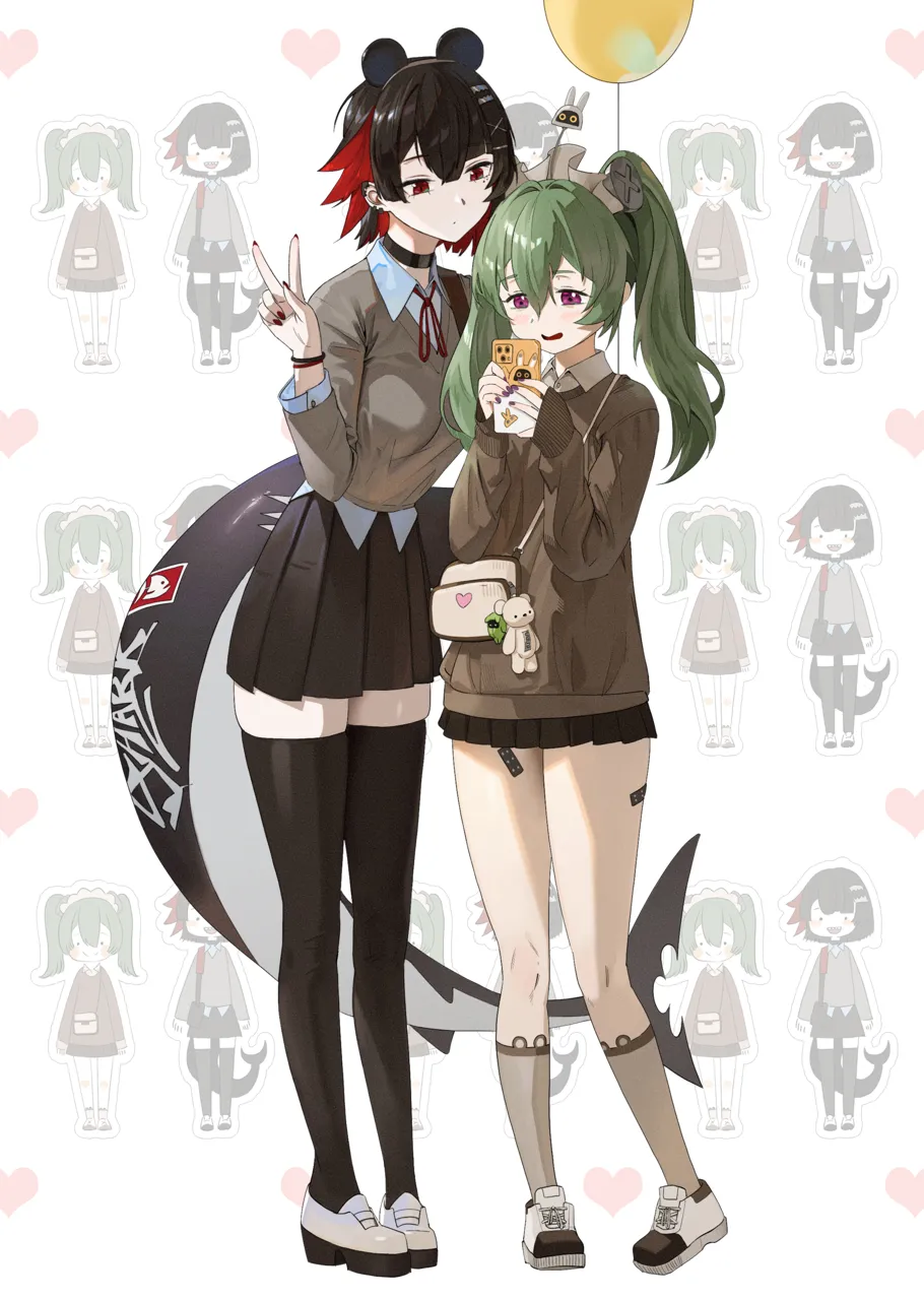2girls alternate_costume animal_ear_hairband animal_ears balloon black_choker black_hair black_skirt black_thighhighs brown_socks brown_sweater character_sticker choker colored_inner_hair fake_animal_ears fins fish_tail green_hair hairband holding holding_balloon maid_headdress multicolored_hair multiple_girls pleated_skirt red_eyes red_hair school_uniform shark_tail shirt shoes skirt socks sweater tail thighhighs white_background white_footwear white_shirt midfinger zenless_zone_zero corin_wickes__zenless_zone_zero ellen_joe__zenless_zone_zero