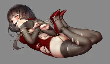 1girl arms_behind_back bdsm bent_knees black_thighhighs bondage bound bound_ankles bound_wrists brown_hair china_dress chinese_clothes crossed_wrists dress feet_up full_body gag gagged gloves grey_background hair_ornament high_heels hogtie looking_at_viewer lying mole mole_under_eye on_stomach red_dress red_eyes red_footwear restrained rope shibari short_hair simple_background solo thighhighs torn_clothes gdhs warship_girls_r yat_sen__warship_girls_r
