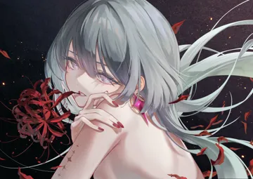 1girl bare_back breasts green_hair looking_at_viewer nail_polish teeth white_eyes chigusa7h phrolova__wuthering_waves