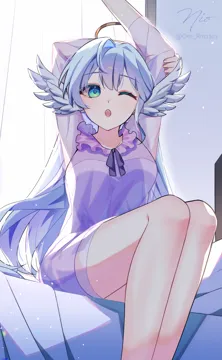 1girl aqua_eyes arm_up arms_up bare_legs blue_eyes blue_hair breasts feet_out_of_frame gradient_eyes green_eyes head_wings light_blue_hair long_hair multicolored_eyes nightgown on_bed one_eye_closed open_mouth purple_nightgown signature sitting solo stretching twitter_username very_long_hair waking_up wings yawning om_rm1101 honkai__star_rail honkai__series robin__honkai__star_rail