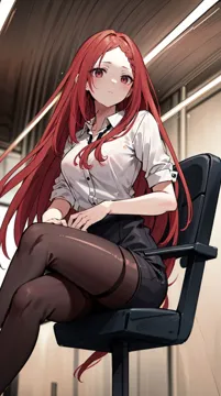 1girl black_shorts blush braid breasts brown_legwear chair closed_mouth collared_shirt crossed_legs desk dress_shirt long_hair looking_at_viewer medium_breasts pantyhose pencil_skirt red_eyes red_hair see_through shirt shorts sitting skirt solo very_long_hair white_shirt