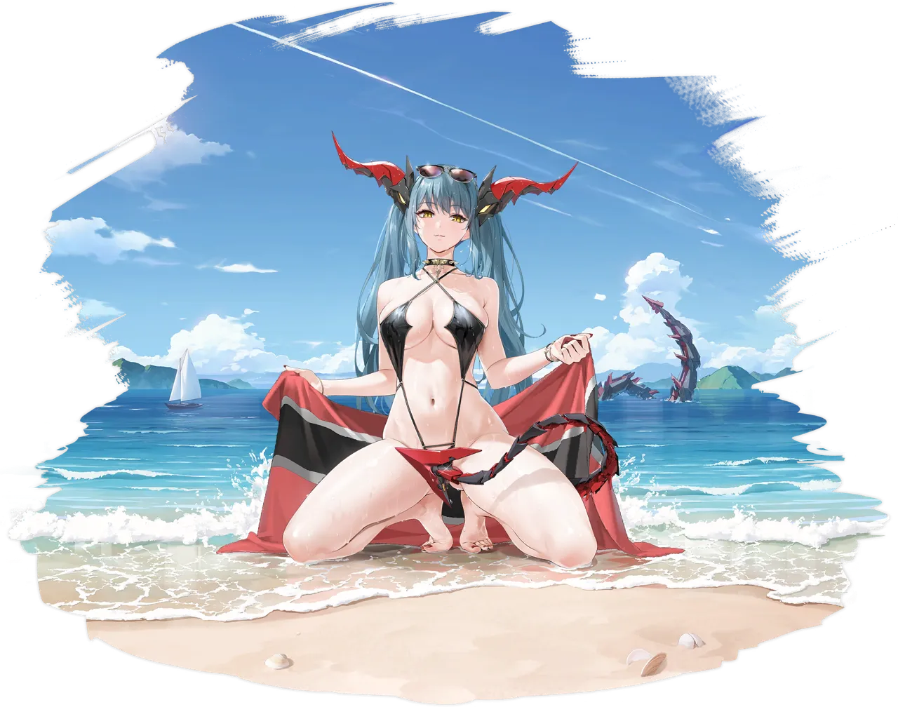 1girl azur_lane beach black_collar black_slingshot_swimsuit breasts collar covering_crotch covering_privates dragon_girl dragon_horns dragon_tail eyewear_on_head flag full_body green_hair halterneck holding holding_flag horns kneeling mechanical_horns mechanical_tail medium_breasts navel non_humanoid_robot ocean official_alternate_costume outdoors regensburg__azur_lane regensburg__dark_dragon_brilliant_beach__azur_lane robot ship sky slingshot_swimsuit solo stomach sunglasses swimsuit tail twintails watercraft yd__orange_maru yellow_eyes zoom_layer