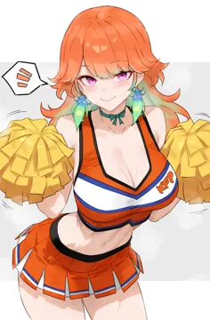 1girl alternate_costume bluefield breasts cheerleader cleavage closed_mouth earrings feather_earrings feathers gradient_hair holding holding_pom_poms hololive hololive_english jewelry large_breasts looking_at_viewer miniskirt multicolored_hair navel orange_hair pleated_skirt pom_pom__cheerleading purple_eyes skirt smile solo takanashi_kiara virtual_youtuber