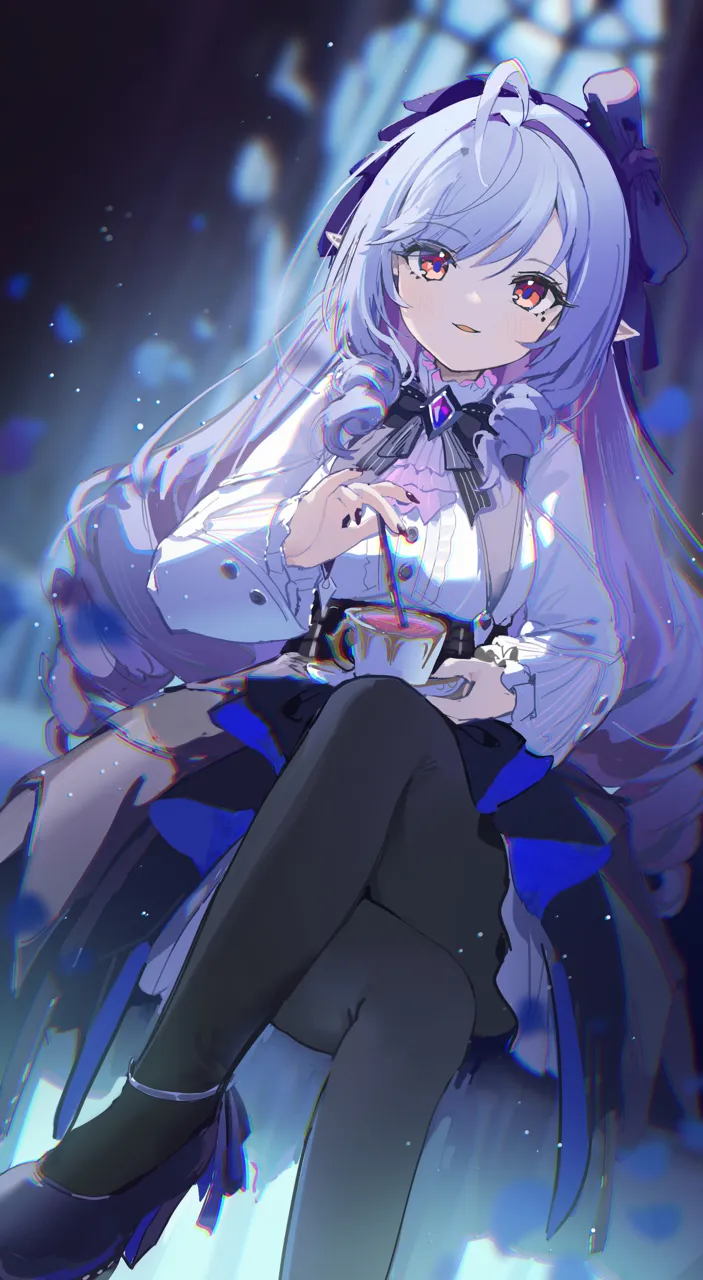 1girl black_nails black_pantyhose blurry blurry_background center_frills crossed_legs drill_hair frills hairband high_heels long_hair long_sleeves looking_at_viewer mole mole_under_eye pantyhose parted_lips pointy_ears purple_hair purple_hairband shirt shoes sitting smile solo twin_drills white_shirt coria zenless_zone_zero vivian__zenless_zone_zero