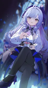 1girl black_nails black_pantyhose blurry blurry_background center_frills crossed_legs drill_hair frills hairband high_heels long_hair long_sleeves looking_at_viewer mole mole_under_eye pantyhose parted_lips pointy_ears purple_hair purple_hairband shirt shoes sitting smile solo twin_drills white_shirt coria zenless_zone_zero vivian__zenless_zone_zero