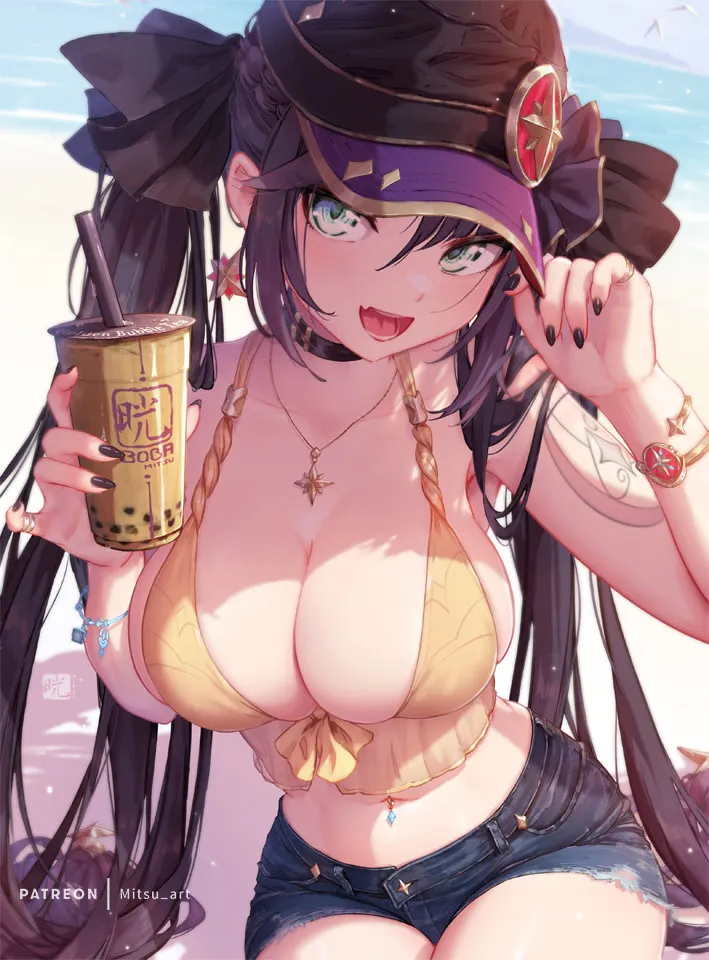 1girl alternate_breast_size alternate_costume arm_tattoo artist_name bare_shoulders baseball_cap beach bikini bikini_top_only black_choker black_hair black_hat black_nails black_ribbon blue_shorts bracelet breasts bubble_tea choker cleavage cup denim denim_shorts disposable_cup drinking_straw earrings fang genshin_impact green_eyes hair_between_eyes hair_ribbon hat holding holding_cup jewelry large_breasts long_hair looking_at_viewer mitsu__mitsu_art mona__genshin_impact nail_polish navel navel_piercing necklace open_mouth patreon_username piercing ribbon ring short_shorts shorts sitting skin_fang smile solo star__symbol star_earrings swimsuit tattoo twintails very_long_hair visor_cap yellow_bikini