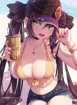 1girl alternate_breast_size alternate_costume arm_tattoo artist_name bare_shoulders baseball_cap beach bikini bikini_top_only black_choker black_hair black_hat black_nails black_ribbon blue_shorts bracelet breasts bubble_tea choker cleavage cup denim denim_shorts disposable_cup drinking_straw earrings fang genshin_impact green_eyes hair_between_eyes hair_ribbon hat holding holding_cup jewelry large_breasts long_hair looking_at_viewer mitsu__mitsu_art mona__genshin_impact nail_polish navel navel_piercing necklace open_mouth patreon_username piercing ribbon ring short_shorts shorts sitting skin_fang smile solo star__symbol star_earrings swimsuit tattoo twintails very_long_hair visor_cap yellow_bikini