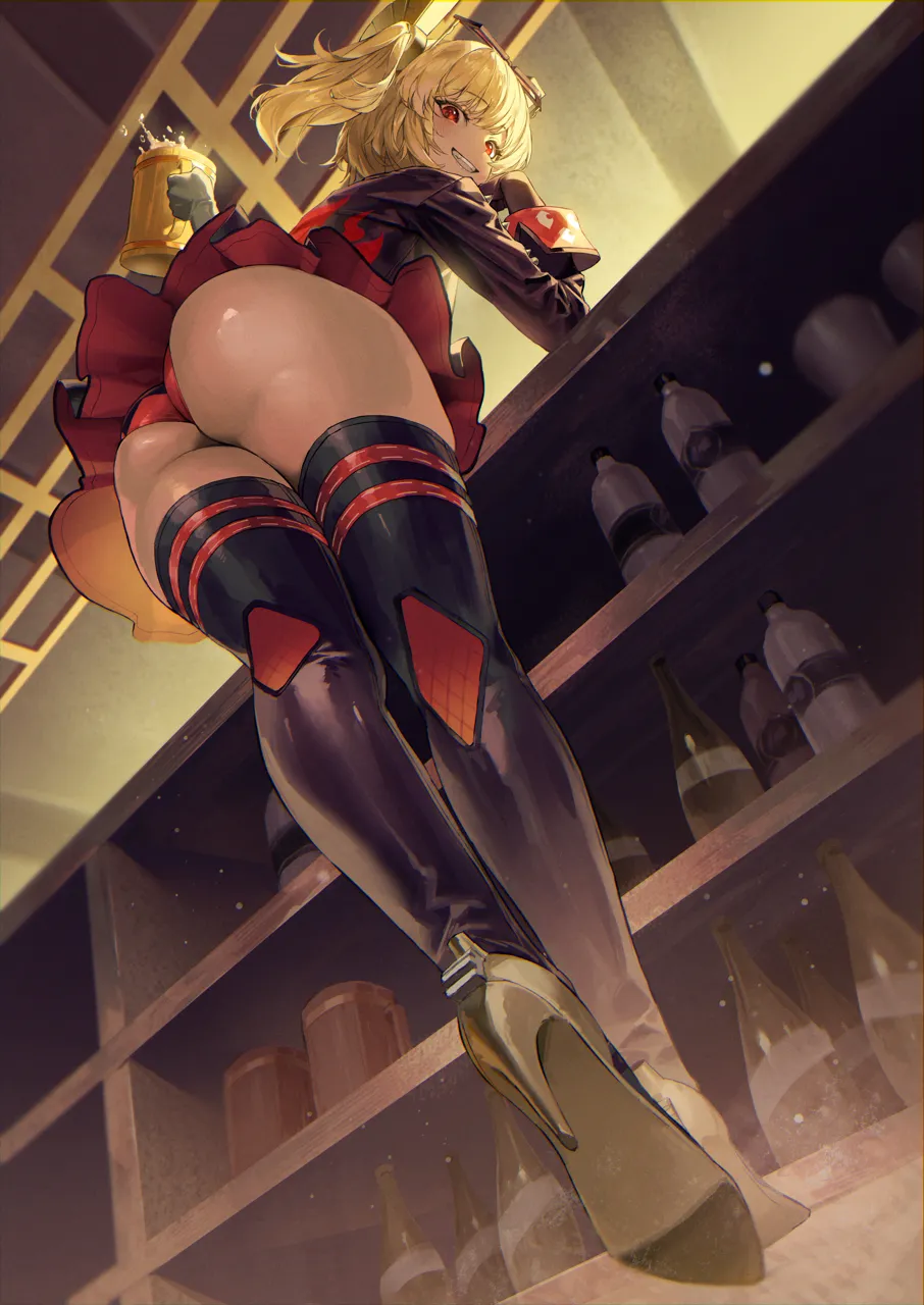 1girl ass beer_mug black_jacket black_skirt black_thighhighs blonde_hair blush bottle burnice_white ceiling clenched_teeth cup eyewear_on_head from_behind from_below full_body holding holding_cup indoors jacket kuroi_suna long_hair looking_at_viewer looking_down mug panties red_eyes red_panties red_tinted_eyewear skirt smile solo standing sunglasses teeth thighhighs tinted_eyewear underwear upskirt zenless_zone_zero