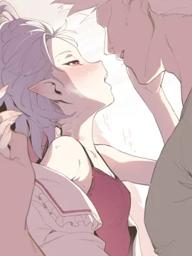 1boy 1girl asutora blush breasts camisole fingernails heavy_breathing hetero holding_hands looking_at_another lying on_back open_mouth pointy_ears purple_hair red_camisole remilia_scarlet saliva short_hair small_breasts sweat touhou