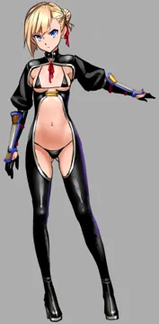 1girl arm_guards ass_visible_through_thighs asymmetrical_hair bikini black_bikini black_gloves blonde_hair bodysuit breasts center_opening closed_mouth collar contrapposto framed_breasts full_body gloves hair_bun hair_ribbon half_gloves looking_at_viewer midriff navel puffy_short_sleeves puffy_sleeves red_ribbon revealing_clothes ribbon serious short_hair short_sleeves single_hair_bun small_breasts solo standing stomach studded_collar swimsuit tsurime v_shaped_eyebrows as109