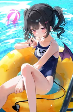 1girl ball bangs bare_arms bare_shoulders bat_wings beach beachball black_hair blue_swimsuit blush breasts caustics collarbone demon_girl demon_tail demon_wings feet_out_of_frame hair_ornament hairclip heart_tail horns innertube long_hair looking_at_viewer one_piece_swimsuit pool pool_ladder poolside school_swimsuit solo swimsuit tail thighs twintails water waves wet wings rik0ring fukumaru_koito