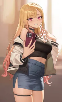 1girl bare_shoulders black_camisole blonde_hair blush breasts camisole cleavage cowboy_shot ear_piercing grey_skirt gyaru holding holding_phone jacket large_breasts long_hair long_sleeves looking_at_viewer midriff miniskirt open_clothes open_jacket pencil_skirt phone piercing red_eyes skindentation skirt smile solo thigh_strap white_jacket xzu sono_bisque_doll_wa_koi_wo_suru kitagawa_marin__sono_bisque_doll_wa_koi_wo_suru