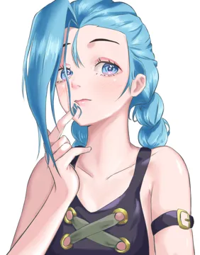 1girl asymmetrical_bangs bare_shoulders blue_eyes blue_hair blush braid breasts closed_mouth gloves hand_up long_hair looking_at_viewer playing_with_own_hair simple_background smile solo tattoo twin_braids white_background yawww__yawwwart arcane__league_of_legends league_of_legends arcane_jinx__league_of_legends jinx__league_of_legends